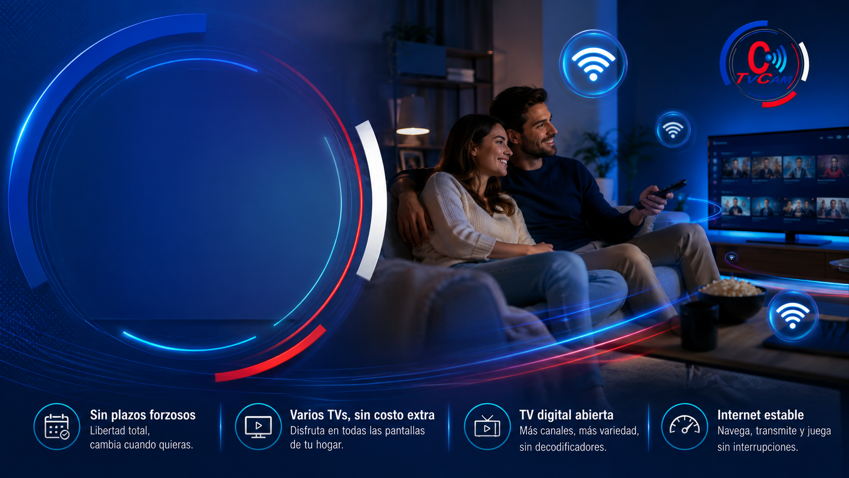 Familia disfrutando conectividad y televisión TVCAM